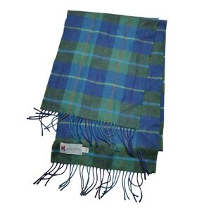 John Hanly Scarf Mens One Size Blue Green Plaid Merino Wool Soft Fringe Ireland